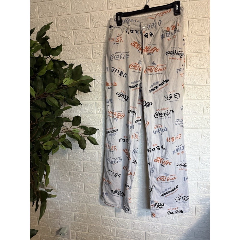 H&M Divided Womens Sz 2 Coca-Cola Colab All Over Print Y2K Wide Leg Baggy Jeans